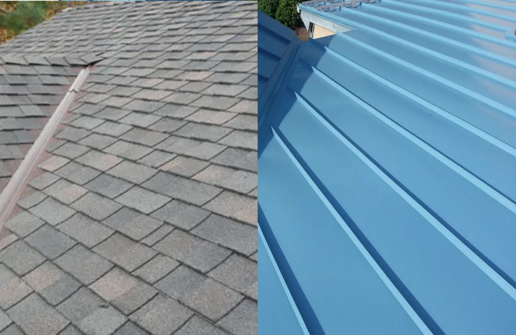 A split photo of the same roof and another one with different colors.